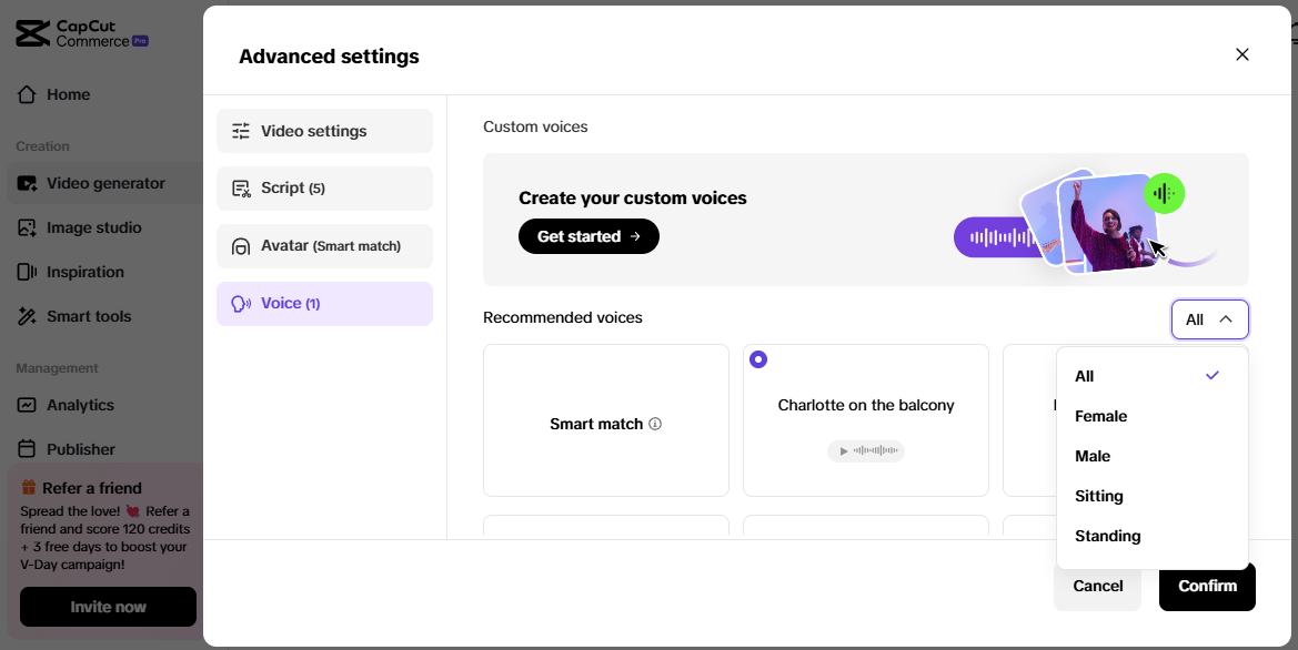 CapCut Commerce Pro advanced voice settings for faceless content creation, featuring custom voice options and filters.